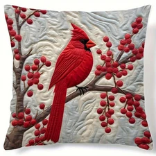 Red Cardinal Berrie Quilted Pillow Case Winter Farmhouse Decorative Cushion Case