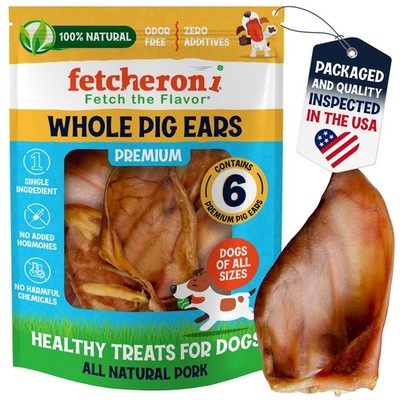 Whole Pig Ears for Large Dogs - 6 Pack Long Lasting Single Ingredient Dog Chews