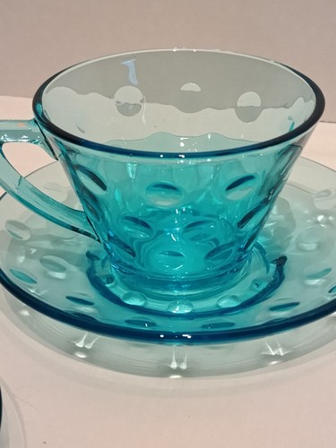 Hazel Atlas Capri Dot Blue Coffee Tea Cups & Saucers Set of 4 Azure Aqua Teal - Picture 2 of 3