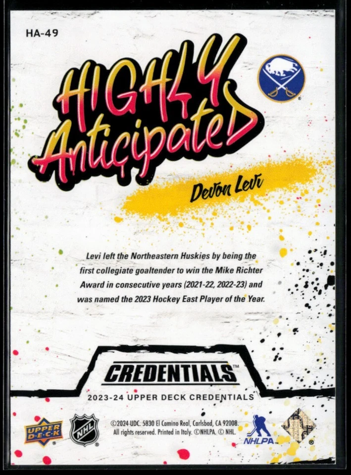 2023-24 Upper Deck Credentials Highly Anticipated #HA-49 Devon Levi RC - Image 2 of 2