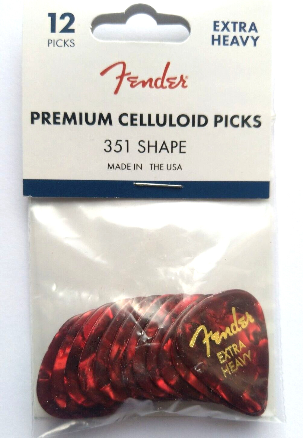 12 Fender® 351 Picks, Extra Heavy Red Moto, Plectrum Hang Bag