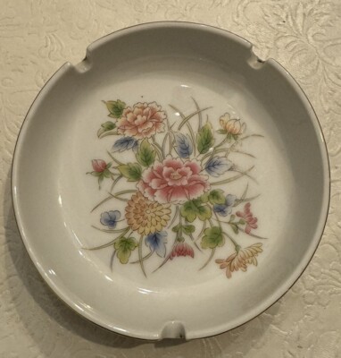 Laudel Ashtray Japan Porcelain Floral Bone China 3 Slot 5'' White Gold Peony