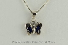 Sterling Silver Blue Inlay Butterfly 13mm x 12mm Pendant 925 17" Chain