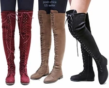  New Women Ti45 Military Combat Over the Knee Lace Up Thigh High Riding Boots  
