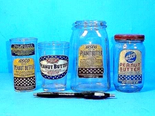 FOUR DIFFERENT VINTAGE ASCO BRAND PEANUT BUTTER JARS~AMERICAN STORES CO PHILA PA