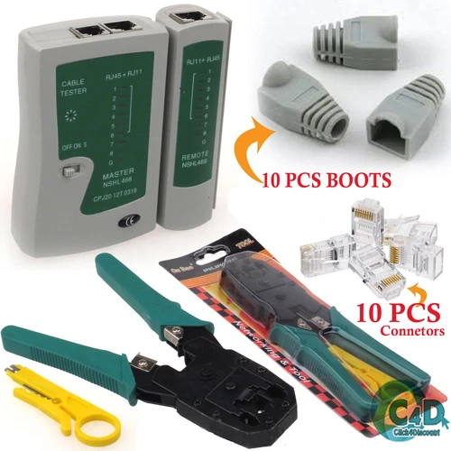RJ45 RJ11 Cat5e Cat6 Network LAN Cable Tester Crimping Tool Connectors & boots