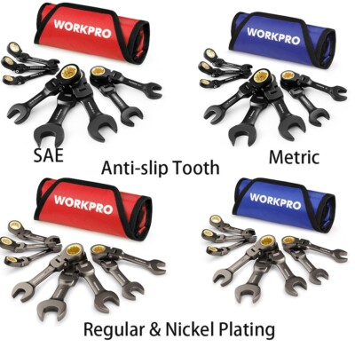 WORKPRO 8-Pieces Ratcheting Combination Wrench Set with Rolling Pouch Metric/SAE