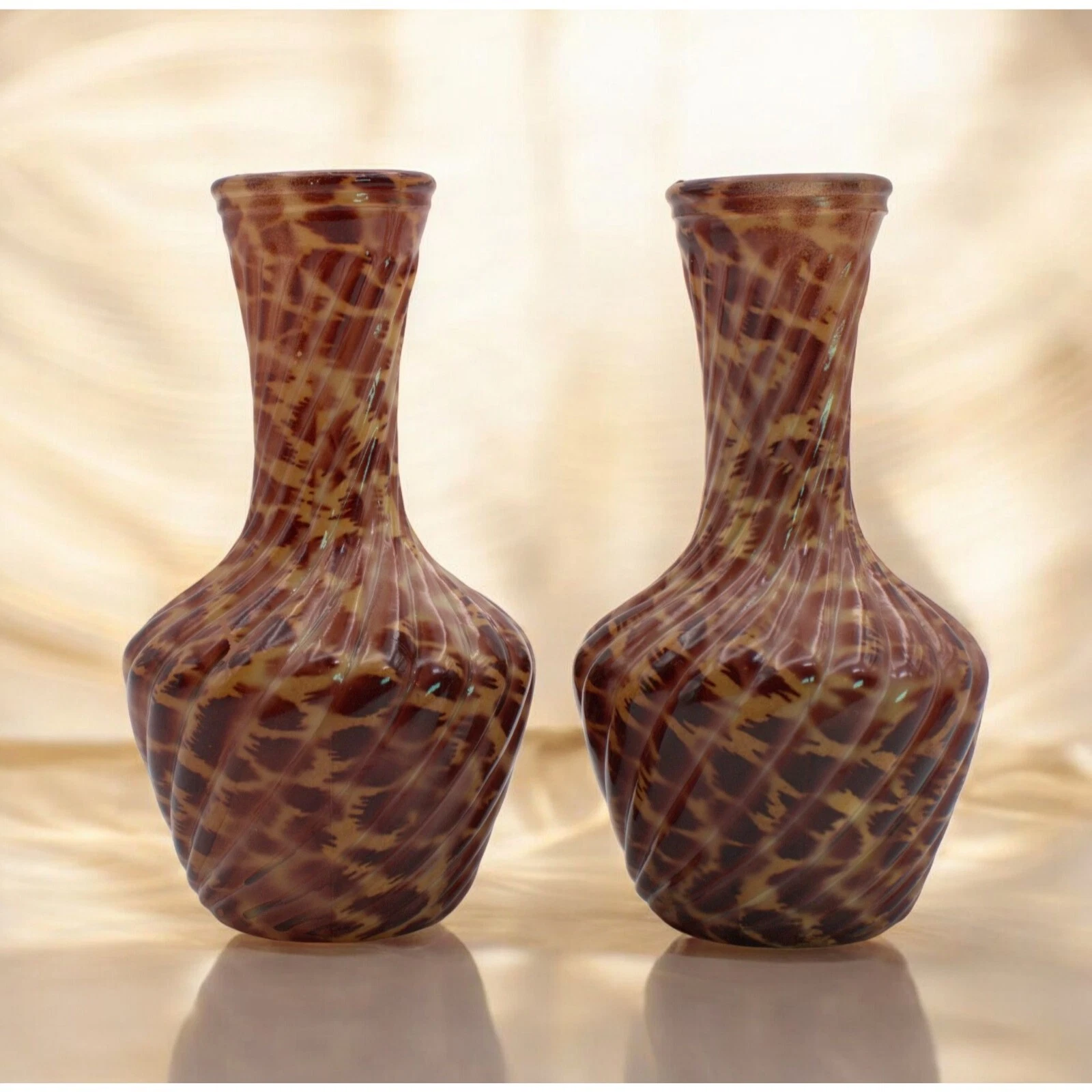 Pair MCM Vintage Handblown Art Glass Bud Vases Brown Tortoise Shell Pattern 5"