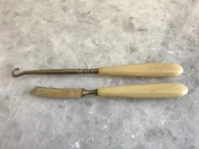 VINTAGE MATCHING PAIR - A BOOT LACER HOOK + BLADE, NICE HANDLES, GOOD CONDITION 