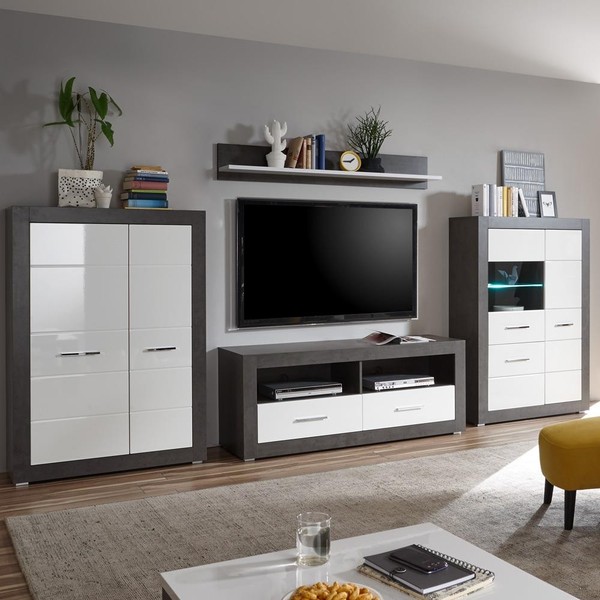 Wohnwand Weiß Anbauwand Tv Wohnzimmer Mediawand Hochglanz Beton Vitrine Lowboard-image