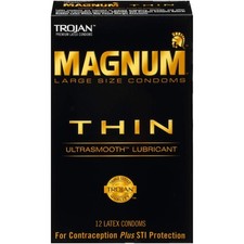 TROJAN Magnum Thin Condoms, Large Size Lubricated 12 Count Pack of 1 , Black