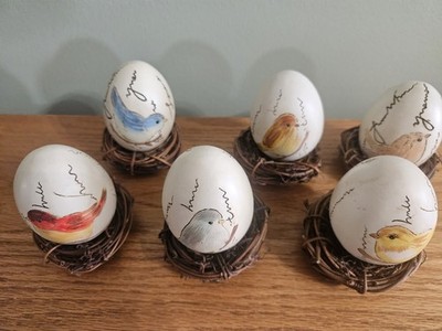 Vintage Hand Painted Birds Ceramic Eggs On Nest Set Of 6  3.5 Inches Tall