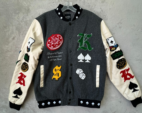 Boohoo MAN Letterman Varsity Bomber Patch Jacket Playing Cards Spade Medium