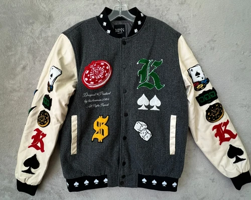 Boohoo MAN Letterman Varsity Bomber Patch Jacket Playing Cards Spade Medium - product listing photo