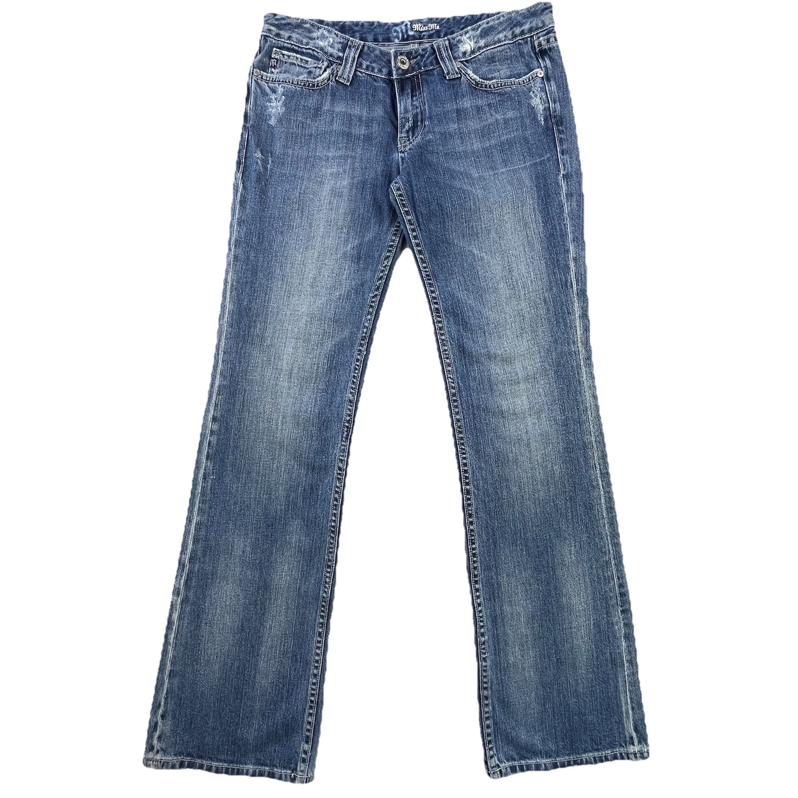 Women's 30 Bootcut Blue Denim Embroidered Distressed Flap Po