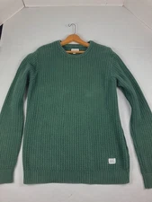 Frank and Oak Mens S Green Crew Neck Cotton Knit Sweater Thermal Waffle Knit
