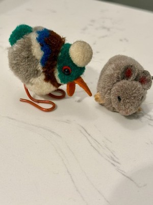 2 Vintage Steiff Wool Gray Mouse & Duck W/metal Feet Germany Wool Pom Poms