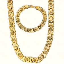 Edelstahl Set 11mm &ndash; 18K Vergoldet Massiv Flach Kette 55cm & Armband &ndash; Unisex