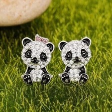 2.30Ct Round Real Moissanite Women's Panda Stud Earrings 14K White Gold Plated
