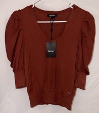 Women s DKNY Pleated Puff-Sleeve V-Neck Knit Lightweight Sweater/Top, XS, NWT