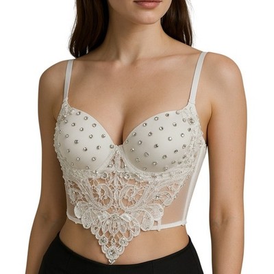 Love J White Rhinestone and Lace Beaded Bustier Crop Top Bralette Boudoir Sexy