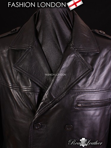 REEFER Black Men's Classic Pea Coat Style Lambskin Simple Casual Leather Jacket - Picture 3 of 6