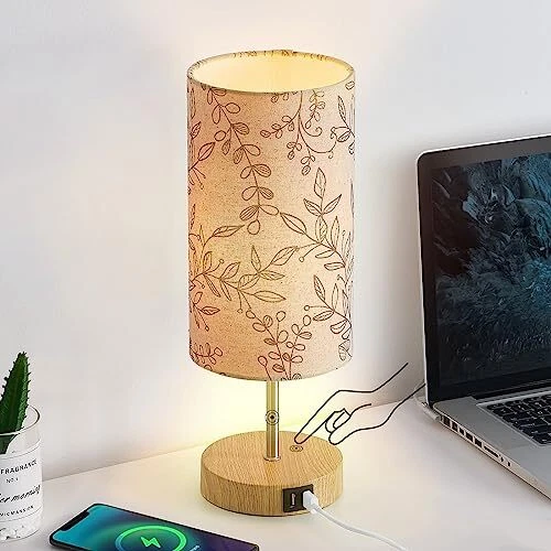 Bedside Touch Lamp Wood Small Table lamp for Bedroom with 2 USB Flower 1