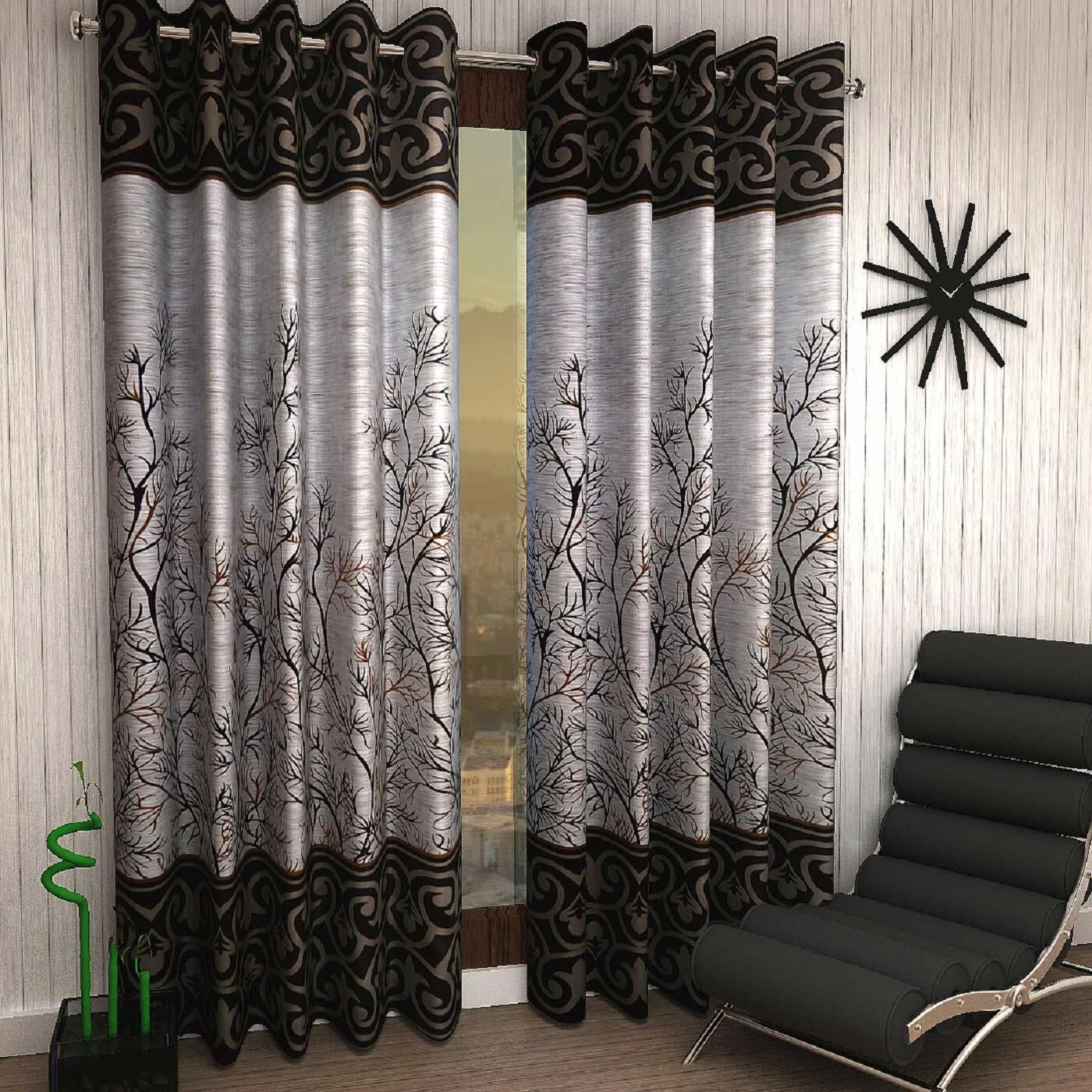 New 2 Piece Eyelet Polyester Door Curtain Set - 7 feet Brown