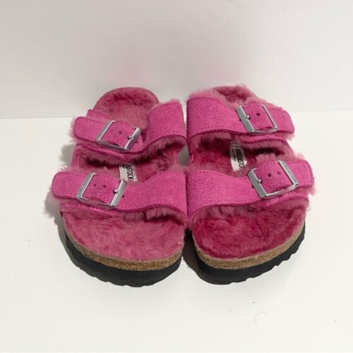 Birkenstock Arizona Shearling Fur Fuzzy Hotpink Sandals Slides Buckle 36 - Picture 2 of 8