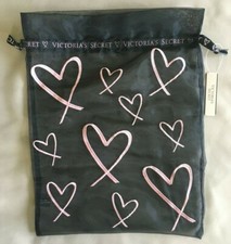 VS Victoria's Secret Lingerie Travel Bag Black Mesh Pink Hearts Drawstring