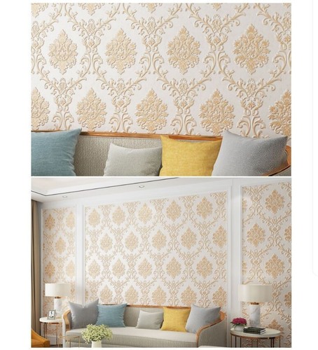 3M Elegant Gold Damask Waterproof Wallpaper Murals Embossed Textured PVC Roll uk - Picture 7 of 12