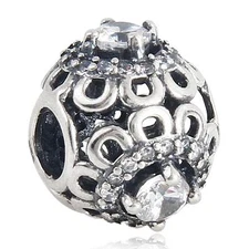 925 STERLING SILVER FLORAL BRILLIANC CZ CHARM BEAD FITS EUROPEAN BRACELET BANGLE