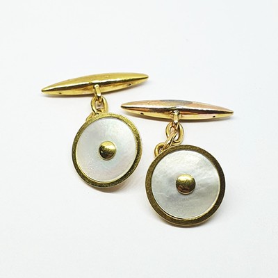 Boutons De Manchette Anciens En Or Massif Avec Nacre Et Diamants - Paire De Cufflinks Dorés Vintage
