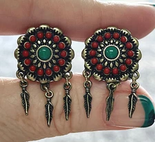 PAIR Red & Turquoise Flower w/ Feather Dangles Double Flare Tunnel Plugs Gauges