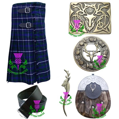 Scottish Kilt Set Outfit Blue Douglas Tartan 7pcs 8 Yard 16oz 100% Acrylic Wool - Picture 5 of 14