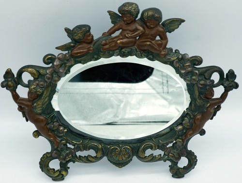 Jugendstil ovaler Eisen abgeschrägter Spiegelrahmen Staffelei Boden mit Engeln und Amoren - Bild 2 von 14