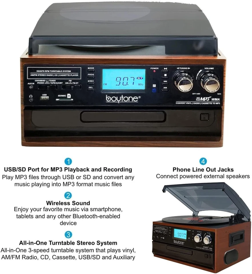 Boytone BT-22MS Bluetooth Record Player Turntable AM/FM Radio Cassette CD USB SD - Image 3 of 4