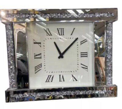 WANDUHR SPIEGEL CRUSHED DIAMOND KRISTALL GEFÜLLT SILBER FUNKELND GESCHENK 45cmx50cm