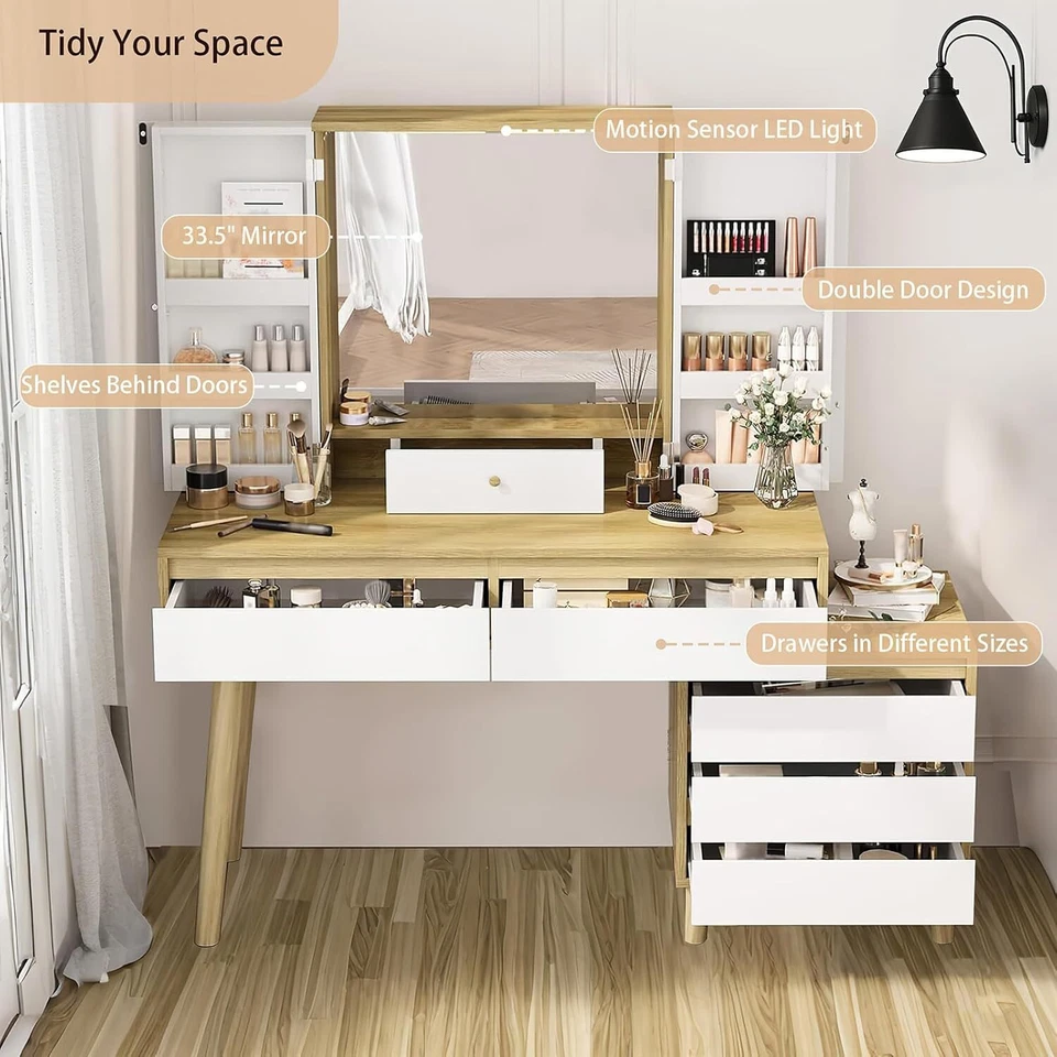 Tocador de Maquillaje Escritorio 6 Cajones Tocador con Espejo y Sensor de Movimiento Luces Foto 3 de 4