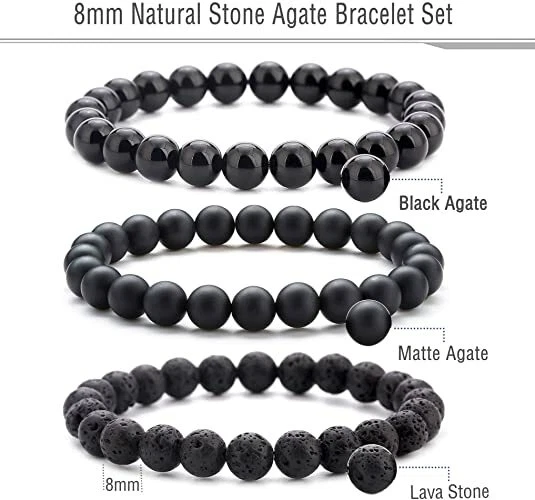 Fashion Men 8MM Lava Stone Black Obsidian Agate Beaded Onyx Healing Bracelet Set - Image 2 of 4