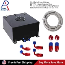 15 GALLON BLACK ALUMINUM FUEL CELL GAS TANK+CAP+LEVEL SENDER+STEEL FUEL LINE KIT