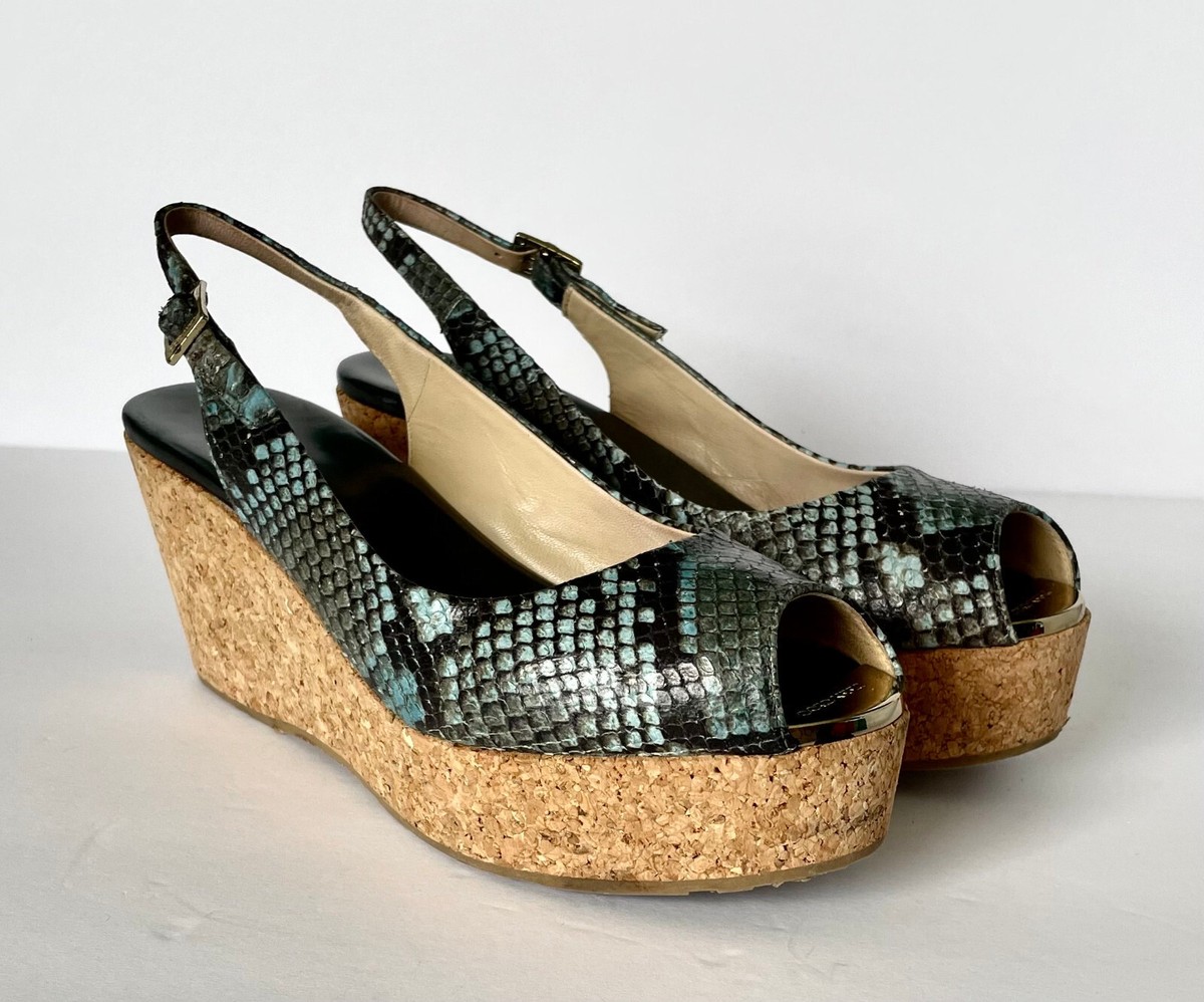 靴 Jimmy Choo Praise Snake-Print Cork Wedge Jimmy Choo Praise Turcoy/Black Leather Snake Skin Print Cork