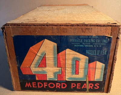 401 Brand Medford Pears Antique Wooden Fruit Crate 1950s D'anjou Pinnacle Oregon