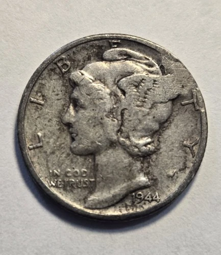 1944 Mercury Dime Very Good VG Details 90% Silver Coin, Reverse Damage