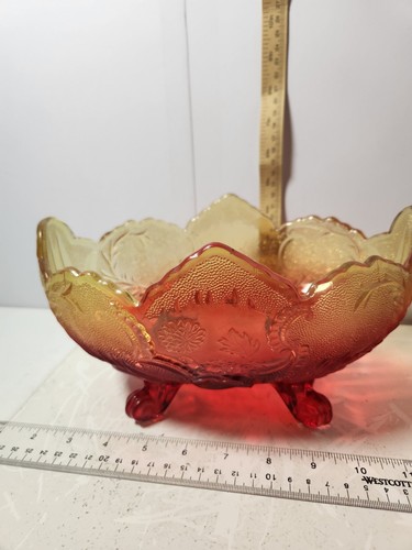 Vintage Jeannette Flashed Amberina Lombardi Footed Fruit Bowl Floral Etched