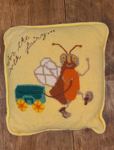 Vintage Needlepoin Tooth Fairy Pillow with Pocket Handmade Corduroy Back 1970s
