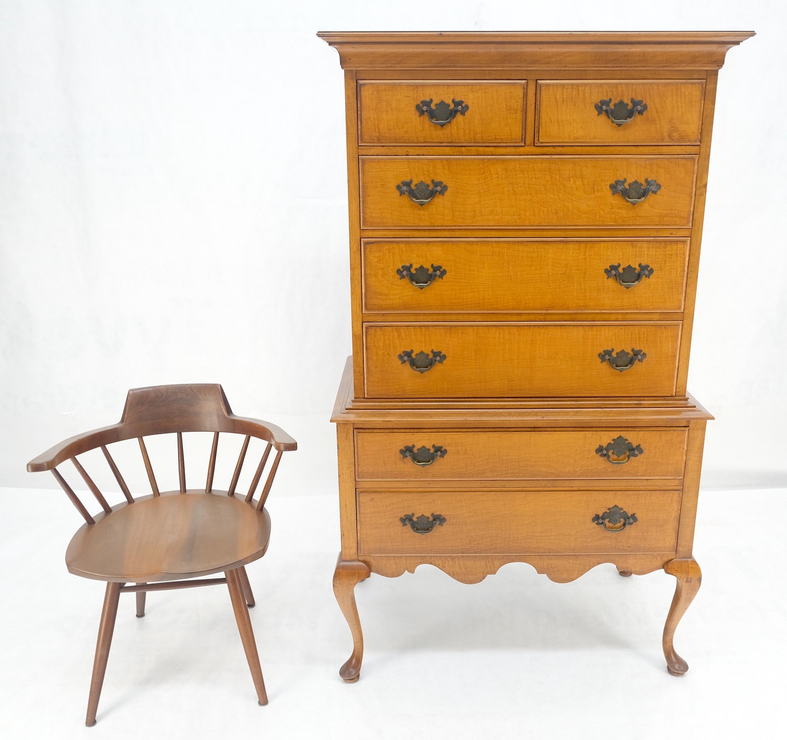 Queen Ann Tiger Maple 7 Drawers High Boy Dresser Solid Oak Dovetail Drawers NICE