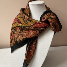 Large Vintage Black, Gold  Red Silk Paisley Scarf, 30  Square