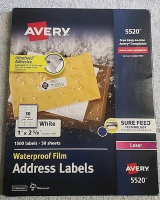 Avery Waterproof Address Labels, 1'' x 2-5/8'', 1,500 Labels 5520 New