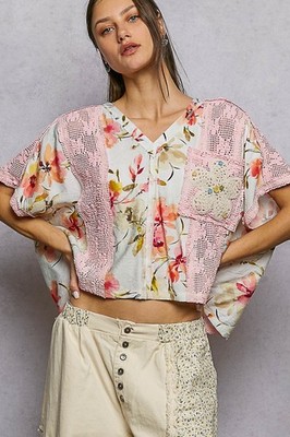 POL Clothing Crochet Lace Floral Oversized Boho Top Women's in Pink Ivory